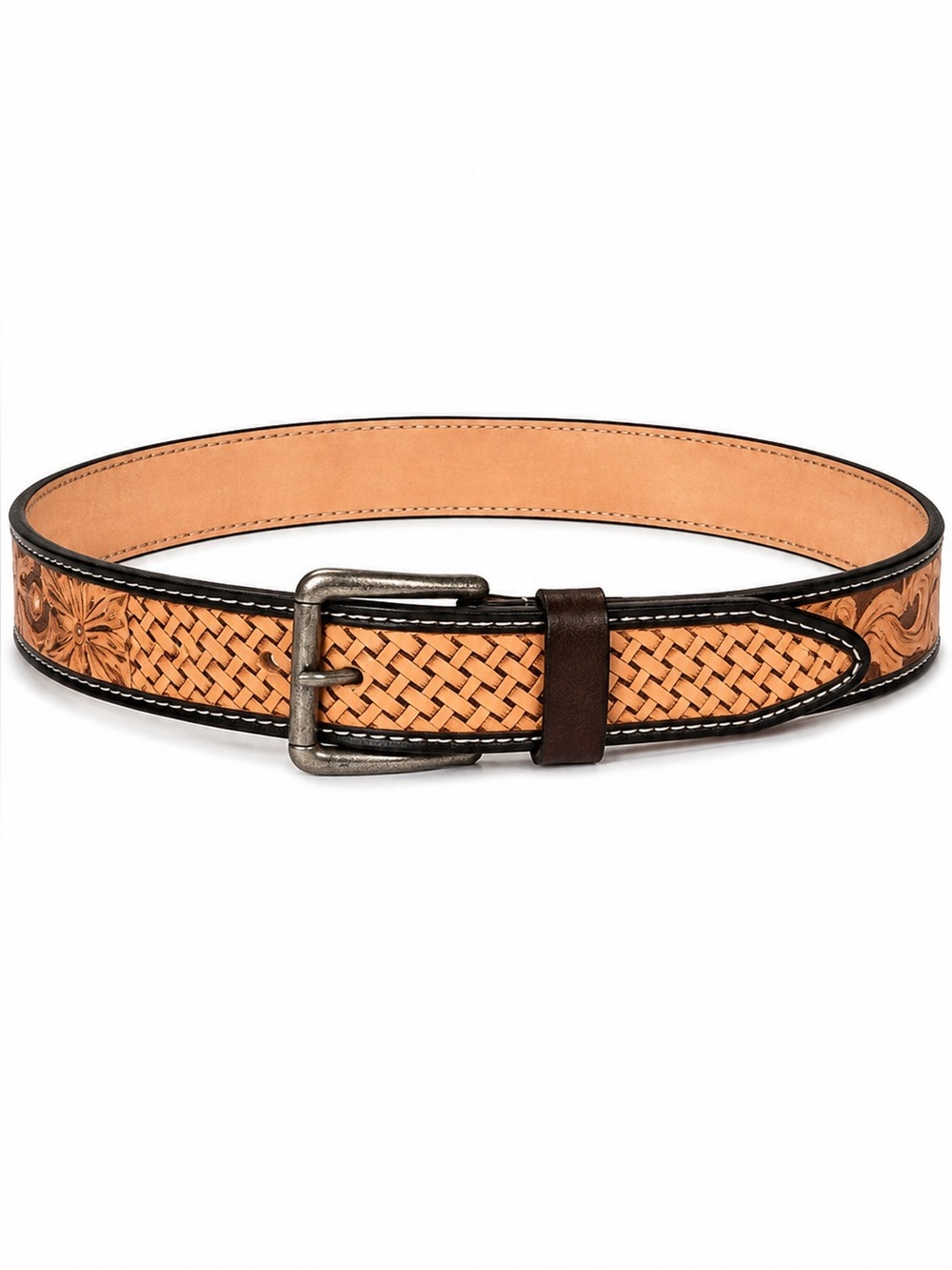 Tooled basketweave Leather Floral Belt - brown Tan handmade